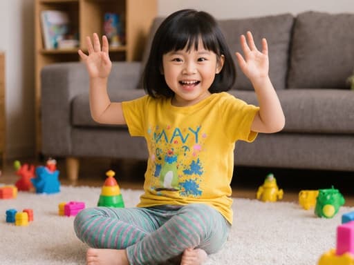 아늑한 거실 바닥에서 장난스럽게 춤추고 있는 7세 아시아계 소녀의 매력적인 반신 사진, 화려한 티셔츠와 레깅스를 입고 장난기 가득한 미소를 지으며, 아늑하고 장난감이 가득한 환경에 둘러싸여 있습니다.