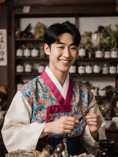 밝은 색상의 현대적인 전통 한복을 입은 유럽계 소년이 진단 도구를 들고 따뜻하게 미소 지으며 한의학 진료실에서 진료에 집중하고 있는 모습, 한방 약재와 치료 도구가 가득한 공간.