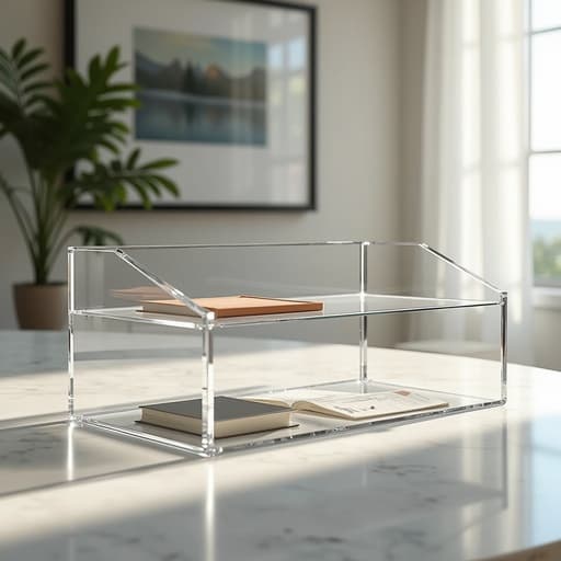 세련된 아트 갤러리 배경의 부드러운 자연광과 미세한 그림자가 있는 투명 아크릴 정리함.