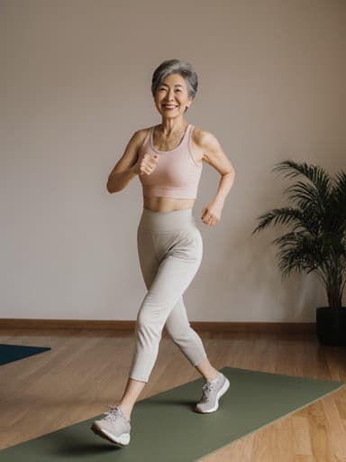 60대 한국인 여성이 편안한 요가복을 입고 요가 매트를 밟으며 자연스럽게 미소 짓고 있는 모습, 부드러운 조명과 식물이 배치된 조용한 요가실에서 활기찬 에너지를 발산하며 웰빙의 느낌을 전합니다.