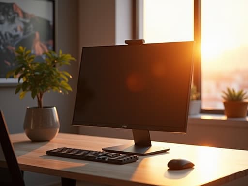 얇은 베젤의 세련된 모니터와 고해상도 디스플레이가 따뜻한 황금빛 노을의 햇볕을 부드럽게 반사하는 현대적인 작업공간에서 차분하고 따뜻한 분위기를 자아냅니다.