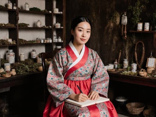 10대 후반의 아프리카계 여성으로, 자연스러운 외모를 지닌 모습이 반신샷으로 촬영되었습니다. 화려한 전통 한복을 착용한 그녀는 한약 상담실에서 상담 노트를 들고 의자에 앉아 있습니다. 주변에는 다양한 한약재와 조제 도구가 배치되어 있으며, 편안하고 자유로운 표정을 지으며 따뜻하고 초대하는 분위기를 자아냅니다.