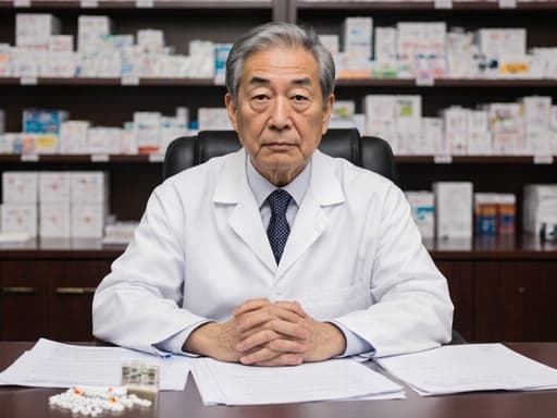 60대 아시아계 남성이 흰색 실험복을 입고 회의 테이블에 앉아 약물 관련 문서를 살펴보는 반신 샷. 배경에는 다양한 약품 자료가 놓여 있어 전문적이면서도 편안한 분위기를 연출하고 있습니다.