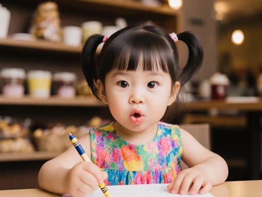 사랑스러운 외모의 1세 한국인 여아가 화사한 아기용 원피스를 입고 작은 테이블에 앉아 크레용으로 그림을 그리고 있는 모습의 반신 사진. 배고픈 표정으로 입을 쭉 내밀며, 다양한 음료와 간식이 놓인 아늑한 카페 내부가 따뜻하고 초대하는 분위기를 만들어낸다.