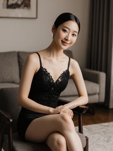 아늑한 거실에 앉아 있는 자신감 있는 10대 아시아계 여성, 우아한 댄스 의상을 착용하고 있습니다. 그녀는 한쪽 다리를 살짝 올리고 무릎에 손을 올려놓은 채로 우아한 표정을 짓고 있으며, 밝은 조명과 편안한 소파가 있는 따뜻하고 초대하는 분위기의 배경입니다.