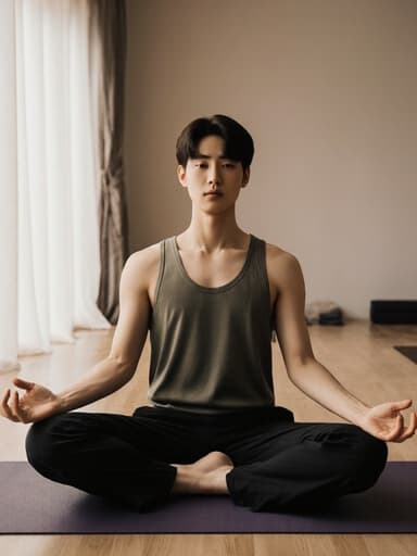 편안한 요가복을 착용한 10대 후반 한국인 남성이 요가 명상을 하며 춤추는 자세로 몸을 유연하게 움직이고 있습니다. 세련된 표정이 안정된 마음을 표현하며, 부드러운 조명이 비추는 아늑한 요가 센터의 내부에서 촬영되었습니다.