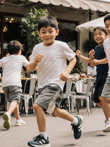 7세 아시아계 남성이 자연스러운 외모로 편안한 티셔츠와 반바지를 입고, 카페의 야외 테라스에서 친구들과 함께 즐겁게 뛰어노는 모습의 전신 사진. 약간 피곤한 표정 속에서도 아이들의 즐거움과 우정을 강조하는 따뜻한 분위기가 느껴진다.