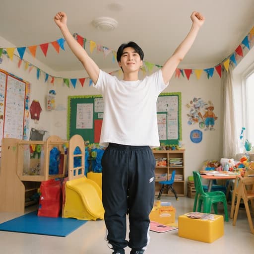 건강하고 활기찬 20대 한국 남성이 밝고 아늑한 유치원 환경에서 기쁘게 스트레칭하고 있는 모습으로, 편안한 티셔츠와 운동 바지를 입고 있으며, 자유롭고 즐거운 표정을 지어 보입니다. 다양한 놀이기구로 가득한 아늑한 배경이 즐거운 분위기를 더합니다.