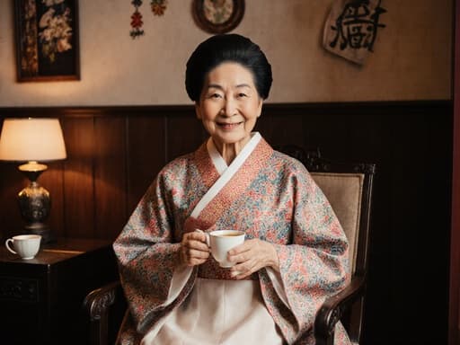 80대 아시아계 여성의 반신 사진으로, 전통 한복을 입고 편안하게 카페에 앉아 미소를 짓고 차를 들고 있습니다. 아늑한 카페 내부와 전통적인 장식이 어우러져 따뜻하고 초대하는 분위기를 자아냅니다.