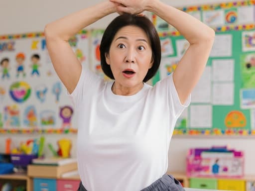 40대 한국인 여성이 편안한 티셔츠와 운동복 바지를 입고 있는 반신 촬영입니다. 그녀는 놀란 표정을 지으며 눈을 크게 뜨고 입을 살짝 벌리고 있습니다. 한 손은 머리 위로 올리고 다른 손은 옆으로 뻗으며 스트레칭을 하고 있습니다. 배경은 색색의 어린이 그림과 학습 자료로 장식된 교육 공간으로, 장면에 활기찬 분위기를 더하고 있습니다.