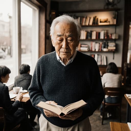이 이미지는 80대의 동양인 남성이 편안한 니트 스웨터와 면 바지를 입고 매력적인 카페를 걷고 있는 모습을 보여줍니다. 걱정스러운 표정을 지으며 두 손에 책을 들고 페이지를 바라보며 깊은 생각에 잠겨 있습니다. 카페의 배경은 따뜻하고 아늑하며, 창가에 앉은 다른 손님들과 커피 컵, 책들이 주변을 둘러싸고 있습니다.