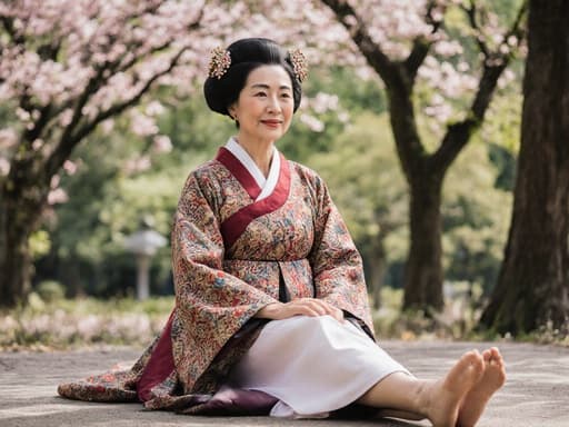 80대의 동양인 여성의 반신 사진으로, 화려하고 세련된 디자인의 한복을 입고 아름다운 공원에 앉아 여유롭게 웃으며 전통 예절을 수행하는 모습이 담겨 있습니다. 자연의 아름다움으로 둘러싸인 평화로운 분위기입니다.