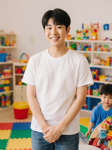 밝고 아늑한 유아 교육 놀이 공간에 서 있는 활기찬 동양인 남성, 편안한 티셔츠와 청바지를 착용하고 있습니다. 웃는 표정으로 아이들이 오기를 기다리며 손을 모은 모습은 다채로운 장난감과 학습 도구들로 둘러싸인 매력적인 분위기를 만들어냅니다.