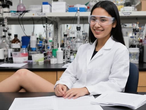 혼혈의 10대 후반 여성 모델이 화이트 실험복과 안전 안경을 착용한 채 현대적인 연구실 책상에 앉아 연구 자료를 살펴보며 긍정적으로 웃고 있는 모습입니다. 배경에는 다양한 화학 기구들이 있어 활기찬 과학적 분위기를 자아냅니다.