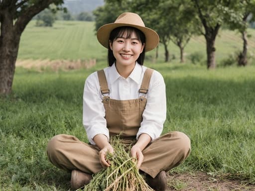 20대 한국인 여성이 자연스러운 외모를 드러내며 편안한 농부 스타일의 작업복과 모자를 착용한 반신 사진입니다. 그녀는 푸른 풀밭에 크로스 레그로 앉아 농작물을 손에 들고 행복한 미소를 짓고 있습니다. 배경에는 푸르른 풀밭과 나무들로 둘러싸인 아름다운 농장 풍경이 펼쳐져 있어 평화로운 시골의 분위기를 더합니다.