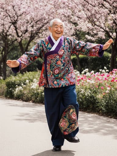 화려한 전통 한복을 입은 80대의 활기찬 한국 남성이 다양한 꽃들이 만발한 아름다운 공원에서 기쁘게 춤을 추며 고마움을 표하고 있는 모습입니다.