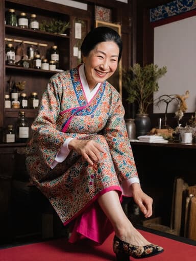 행복한 표정을 짓고 있는 60대 동양인 여성은 화려하게 장식된 전통 한복을 입고 있으며, 전통 치료실에서 신발을 신으며 따뜻하게 미소짓고 있습니다. 치료실에는 한방 약재와 치료 도구들이 배치되어 있습니다.