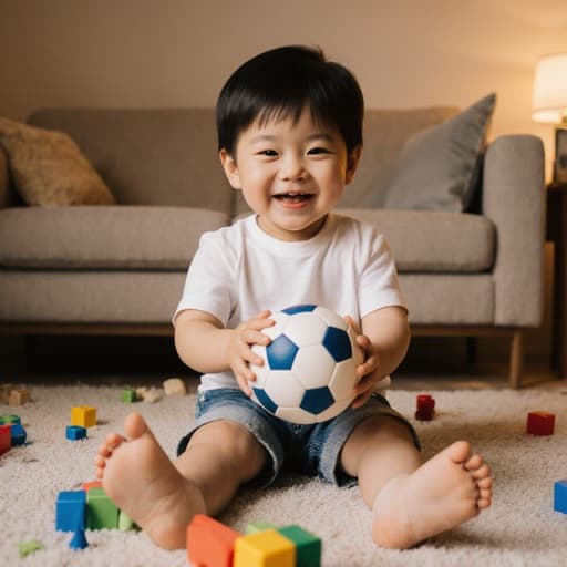 귀여운 3세 아시아계 남성이 아늑한 소파에 앉아, 편안한 티셔츠와 반바지를 입고 공을 손에 쥐고 즐겁게 웃고 있습니다. 따뜻한 조명이 비추는 거실에는 장난감들이 흩어져 있어, 아이의 행복한 표정을 더욱 돋보이게 하는 놀이의 분위기를 만들어냅니다.