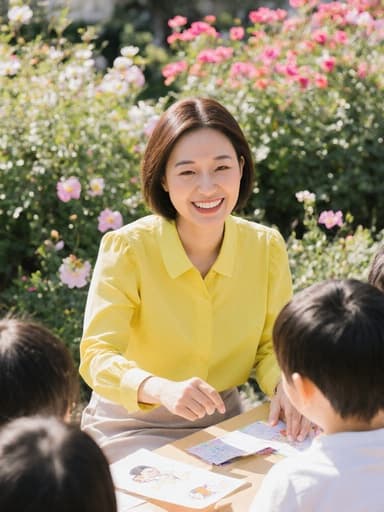 30대 한국인 여성의 반신 촬영으로, 자연스러운 외모를 지닌 유치원 교사에 적합한 밝은 색상의 블라우스와 스커트를 입고 있습니다. 약간 찡그린 표정으로 아이들에게 교구를 설명하며 집중하고 있는 모습이 담겨 있습니다. 배경은 화창한 날씨 속 다양한 꽃들로 가득한 아늑한 유치원 정원이 펼쳐져 있어 활기차고 초대하는 분위기를 줍니다.