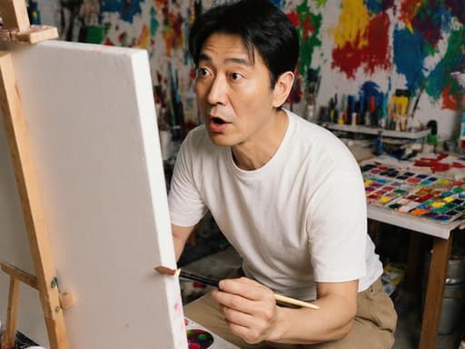 자연스러운 외모를 가진 40대 동양인 남성이 편안한 티셔츠와 작업용 바지를 입고 반신 촬영된 모습입니다. 그는 캔버스를 바라보며 놀란 표정을 짓고 있으며 손에는 브러시를 들고 있습니다. 주변은 다양한 색상의 페인트와 예술적인 소품이 가득한 창작 공간으로, 영감을 주는 분위기를 연출하고 있습니다.