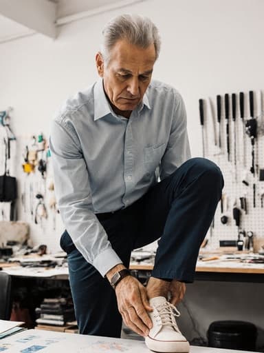 50대 혼혈 남성이 현대적인 디자인 스튜디오에서 신발을 신는 모습이 반신으로 촬영되었습니다. 그는 캐주얼한 복장을 하고 있으며, 다양한 디자인 도구가 정리된 공간에서 작업에 집중하는 무관심한 표정으로 스타일리시하면서도 여유로운 분위기를 자아냅니다.