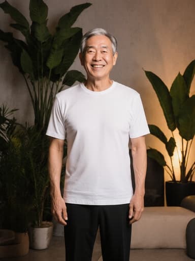 건강하고 활기찬 60대 아시아계 남성이 흰색 티셔츠와 검은색 요가 팬츠를 입고, 자연스러운 미소를 지으며 아늑한 스파 환경에서 서 있는 상반신 사진. 식물과 부드러운 조명이 어우러져 편안한 여유를 느끼고 있습니다.