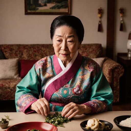 화려한 전통 한복을 입은 혼혈 80대 여성의 반신 샷입니다. 그녀는 테이블에 놓인 재료들을 정리하며 차분한 표정을 짓고 있으며, 전통 장식이 있는 따뜻한 거실에서 촬영되었습니다.