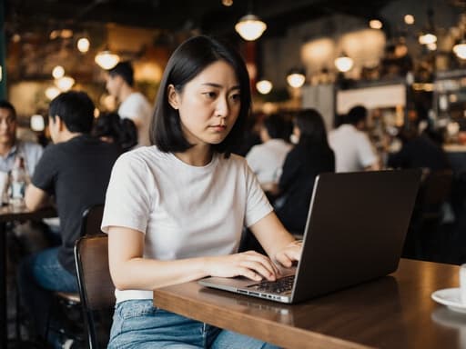 30대 아시아계 여성이 밝은 조명을 받으며 사람들이 가득한 카페에서 반신 샷으로 촬영되었습니다. 그녀는 청바지와 티셔츠로 편안한 캐주얼 의상을 입고 있으며, 노트북 앞에 앉아 긴장한 표정으로 집중하고 있습니다. 이 이미지는 활기찬 환경 속에서 그녀의 편안한 스타일과 집중하는 모습의 대비를 잘 보여줍니다.