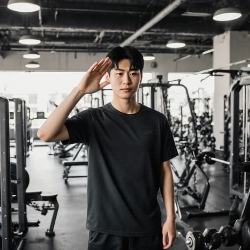 다양한 운동 기구로 가득한 헬스장에서 운동복을 입고 손을 들어 인사하는 젊은 아시아계 남성의 반신 사진. 친근하고 에너지가 넘치는 분위기를 포착하고 있습니다.