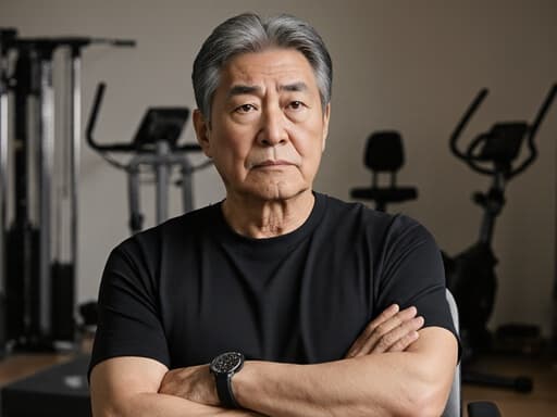 이 이미지는 50대 한국인 남성이 운동용 의자에 앉아 걱정스러운 표정을 짓고, 편안한 운동복과 운동화를 착용한 모습이 담겨 있습니다. 배경은 운동 기구가 배치된 아늑한 거실로, 따뜻하고 초대하는 분위기가 피트니스 주제와 그의 감정 상태를 완벽하게 조화롭게 표현하고 있습니다.