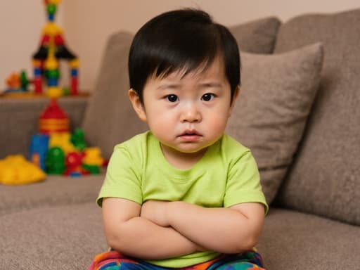 아늑한 거실에 장난감과 쿠션이 놓여 있는 소파에 앉아 있는 귀여운 1세 남성 동양아이가 반신 앵글로 촬영된 이미지입니다. 그는 편안한 아기용 옷, 밝은 색상의 티셔츠와 바지를 입고 있으며, 팔짱을 끼고 약간 실망스러운 표정을 짓고 있어 지루함을 나타냅니다. 부드러운 조명과 아늑한 공간의 분위기가 장난기 가득하면서도 약간 우울한 감정을 강조합니다.