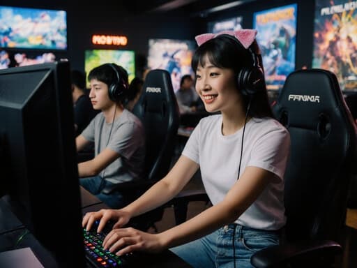 밝고 건강한 외모를 가진 10대 초반의 아시아계 소녀가 편안한 티셔츠와 청바지를 입고 귀여운 헤드셋을 착용한 채, 현대적인 카페에서 게임에 몰입하고 있는 모습. 벽에는 다양한 게임 관련 포스터가 붙어 있고, 주변에는 다른 사람들도 게임을 즐기고 있는 활기찬 분위기.