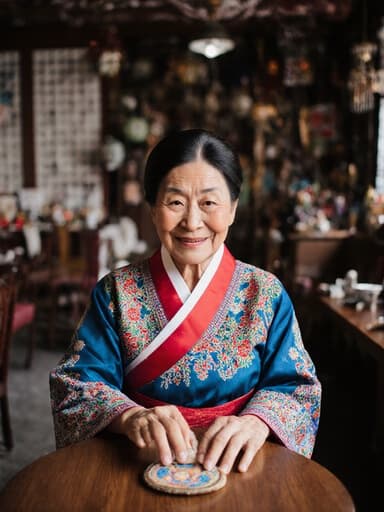 따뜻하고 친근한 70대 아시아계 여성이 화려한 전통 한복을 입고, 아기자기한 장식이 가득한 아늑한 카페의 작은 테이블 위에 놓인 전통 공예품을 감상하며 부드러운 미소를 짓고 있다.