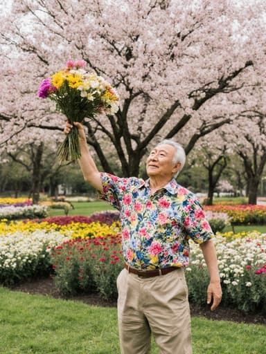 꽃무늬 셔츠를 입은 60대 한국인 남성이 활짝 핀 꽃들이 있는 공원에서 꽃다발을 들고 기쁘게 뛰어오르는 모습으로, 꽃에 대한 열정을 보여줍니다.