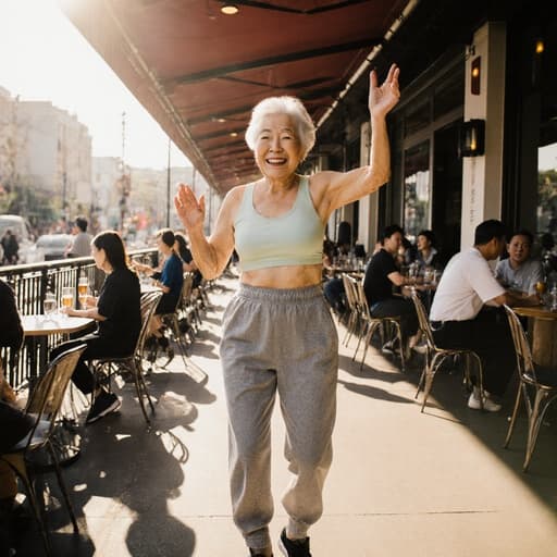 70대 동양인 여성의 반신 사진으로, 편안한 운동복과 운동화를 착용하고 있습니다. 그녀는 고마운 미소를 지으며 손을 살짝 흔들며 춤추는 자세를 취하고 있으며, 햇살이 비치는 카페 테라스에서 주변 사람들과 함께 즐거운 시간을 보내고 있습니다.
