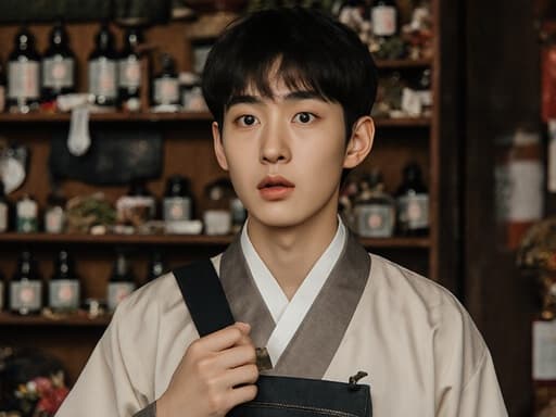 이미지에는 전통 의사복을 입은 10대 후반의 백인 남성이 놀란 표정을 지으며 눈을 크게 뜨고 의사 도구가 담긴 가방을 메고 있는 모습이 담겨 있습니다. 배경은 한약재와 전통 치료 도구가 잘 배열된 동양의료 공간으로, 조화롭고 문화적으로 풍부한 분위기를 자아냅니다.