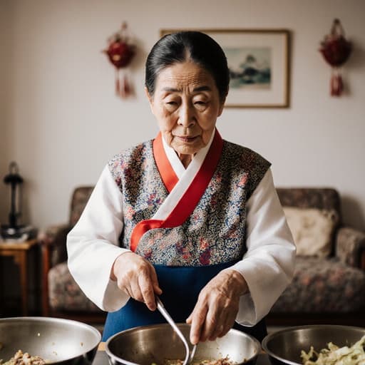 전통 한복을 입은 70대의 자연스러운 외모를 가진 동양인 할머니의 반신 촬영. 그녀는 요리 도구를 사용하여 재료를 준비하며, 아늑한 거실에서 전통 장식이 있는 공간에서 열중하는 피곤한 표정을 짓고 있다. 요리에 대한 헌신을 보여주는 모습이다.