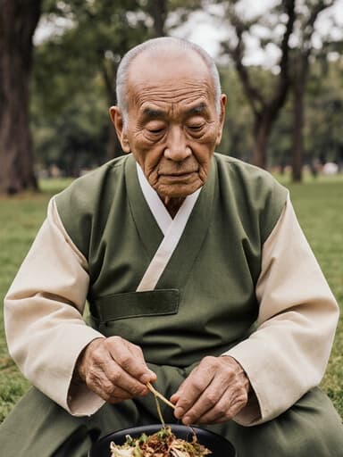 80대 혼혈 남성이 차분한 녹색과 베이지의 전통 한복을 입고 바닥에 앉아 전통 음식 재료를 손으로 만지작거리는 모습. 무관심한 표정을 지으며, 나무와 잔디가 어우러진 평화로운 공원 배경에서 촬영된 이미지입니다.