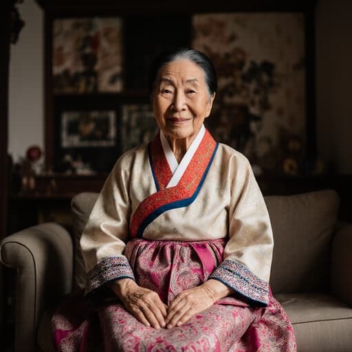 이 이미지는 80대 백인 여성이 전통적인 한복을 입고 소파에 앉아 편안하고 행복한 표정을 짓고 있는 모습을 담고 있습니다. 아늑한 거실에는 전통적인 장식이 가득합니다.