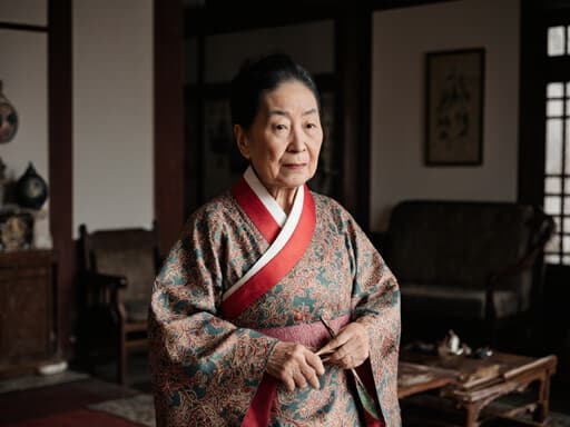 80대 동양인 여성이 고급스러운 패턴의 전통 한복을 입고 전통 한국 거실에서 천천히 걷고 있으며, 손에는 전통 공예 도구를 들고 지루한 표정을 짓고 있는 모습의 반신 촬영.