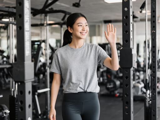 10대 초반의 아시아계 여성 모델이 편안한 운동복을 입고 밝게 미소를 지으며 운동 기구와 상호작용하고 있는 트레이닝룸의 모습입니다. 그녀의 자연스러운 아름다움과 긍정적인 에너지가 잘 드러나는 생동감 넘치는 장면입니다.