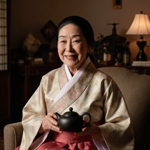 고급스러운 전통 한복을 입은 80대 혼혈 여성의 반신 사진으로, 아늑한 거실의 소파에 편안하게 앉아 전통 차 주전자를 들고 지혜롭고 부드러운 미소를 지으며 따뜻한 조명과 한국 장식품에 둘러싸여 있습니다.