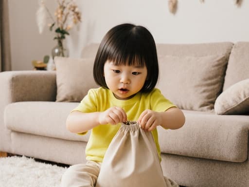 이 이미지는 귀여운 3세 한국인 여아의 반신 사진으로, 밝은 색상의 티셔츠와 편안한 바지를 입고 있습니다. 그녀는 두 손으로 무릎 위에 놓인 작은 가방의 지퍼를 열며 배고픈 표정을 짓고 있습니다. 배경의 아늑한 거실은 소파와 아기자기한 장식으로 꾸며져 있어 이 장면의 따뜻함을 더합니다.