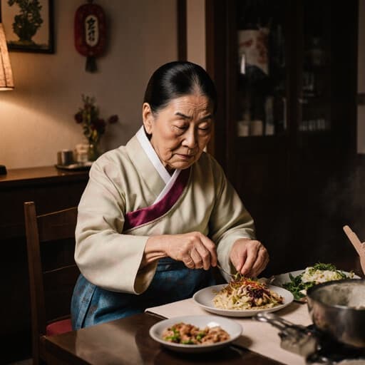 80대 동양인 여성이 부드러운 색상의 전통 한복을 입고, 피곤하지만 음식 만들기에 집중한 표정으로 아늑한 식탁에서 재료를 조리하는 모습이 담긴 반신 촬영. 따뜻한 분위기의 전통 장식이 있는 거실 배경이 특징입니다.