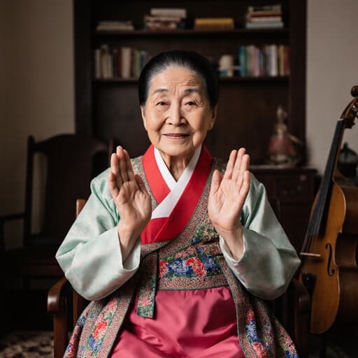 80대 백인 여성의 반신 사진으로, 전통 한복을 입고 따뜻한 미소와 피곤한 표정을 짓고 있으며, 손을 가슴 높이로 올려 인사하는 모습이 아늑한 거실에서 전통 악기로 장식된 배경과 함께 담겨 있습니다.