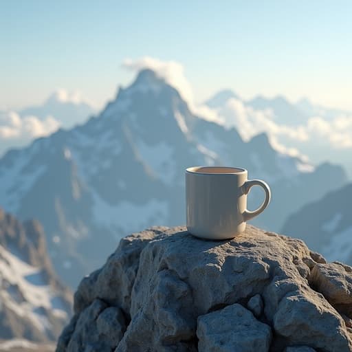 구름 낀 산 정상에 있는 머그컵, 고요하고 모험적인 분위기.