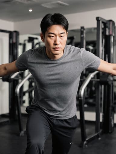 운동복을 입은 30대 건강한 체격의 동양인 남성이 피트니스 스튜디오에서 스트레칭 자세를 취하며, 다양한 운동 기구와 거울이 배경에 있는 전신 사진으로, 집중력 있고 에너지가 넘치는 분위기를 자아내고 있습니다.