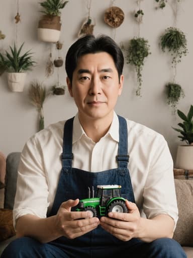 이 이미지는 40대 한국인 남성이 편안한 농부 의상을 입고 앉아 작은 농기계 모형을 들고 있는 모습입니다. 밝고 아늑한 거실 배경은 식물과 농업 관련 소품으로 장식되어 있어 그의 농업에 대한 연결감을 강조하는 차분한 분위기를 만들어냅니다.