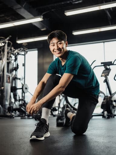 건강하고 활기찬 아시아계 남자 10대 초반이 헬스장에서 편안한 운동복과 운동화를 착용하고 밝게 웃으며 신중하게 신발을 신는 모습, 운동 기구와 밝은 조명이 있는 배경이 활동적인 분위기를 자아냅니다.