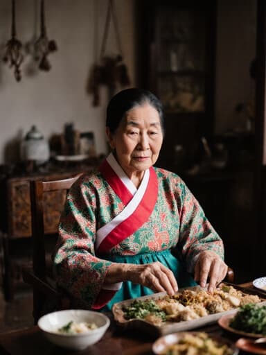 전통 한복을 입고 있는 80세 아시아계 여성의 반신 촬영으로, 빈티지 거실에 앉아 있습니다. 그녀는 전통 음식을 위한 재료를 만지며 무관심한 표정을 짓고 있으며, 주변의 진Authentic 가구와 소품들이 조화를 이루어 고요하고 향수를 불러일으키는 분위기를 만들어냅니다.